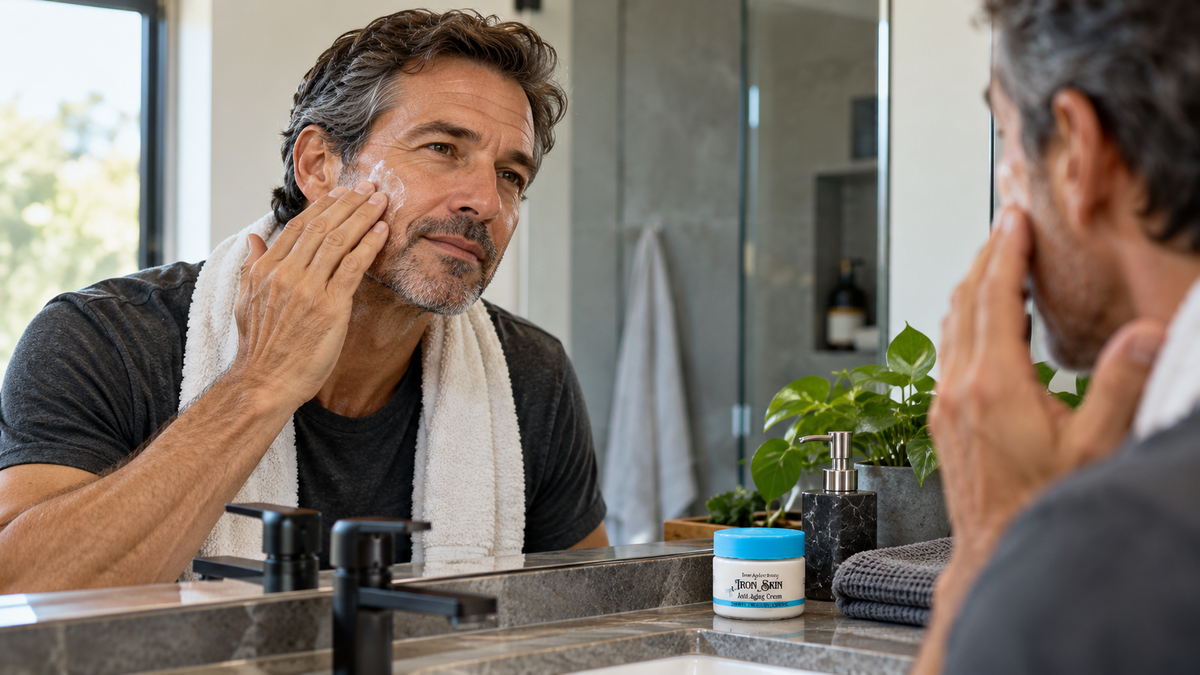 Face cream in a white jar with a blue lid, applied to a man's cheek as part of a men's skincare routine