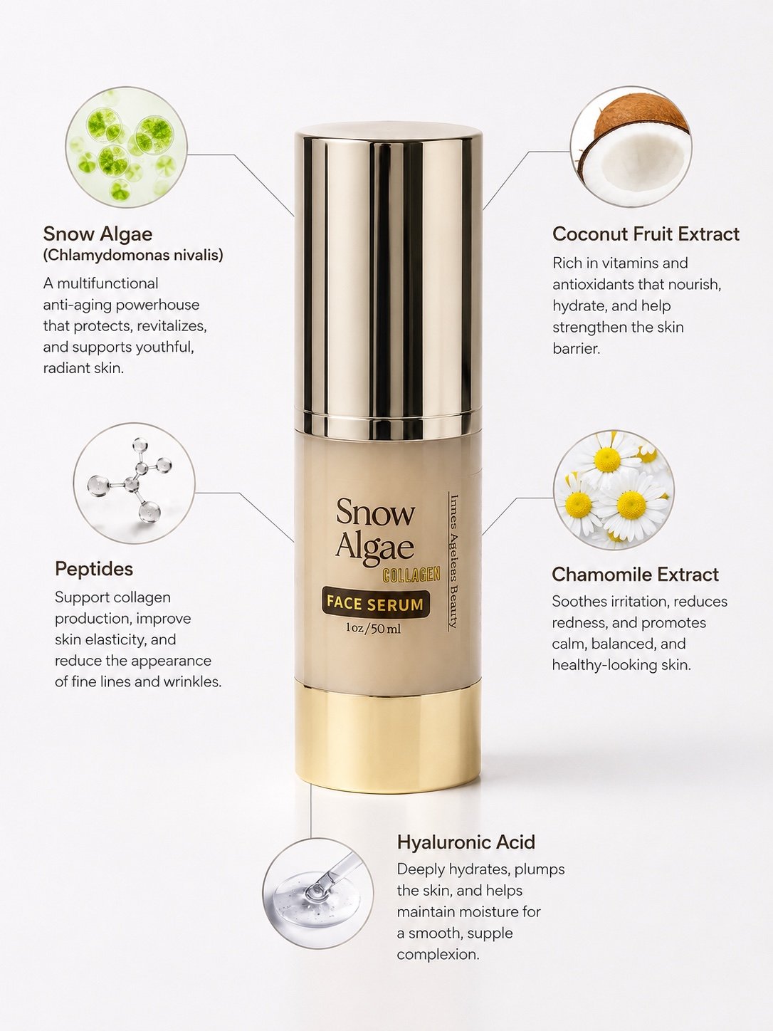 Innes Ageless Beauty Snow Algae Collagen Face Serum with snow algae, peptides, coconut extract, chamomile and hyaluronic acid
