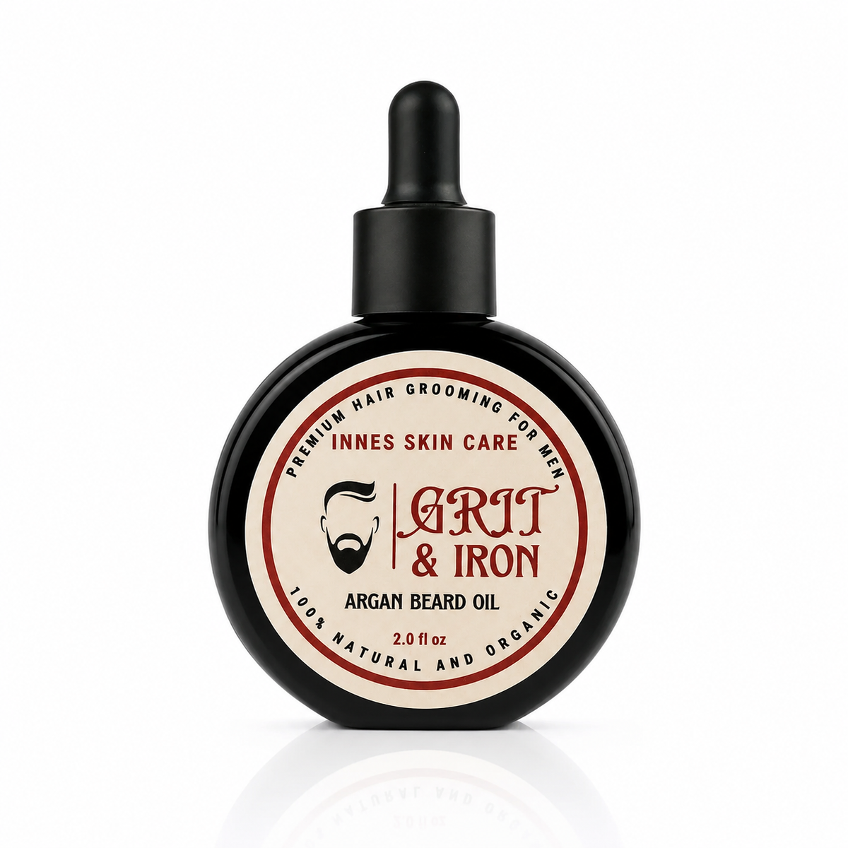 Innes Skin Care Grit & Iron Argan Beard Oil for men in a black 2 oz dropper bottle, a natural beard grooming oil for conditioning and softening facial hair.