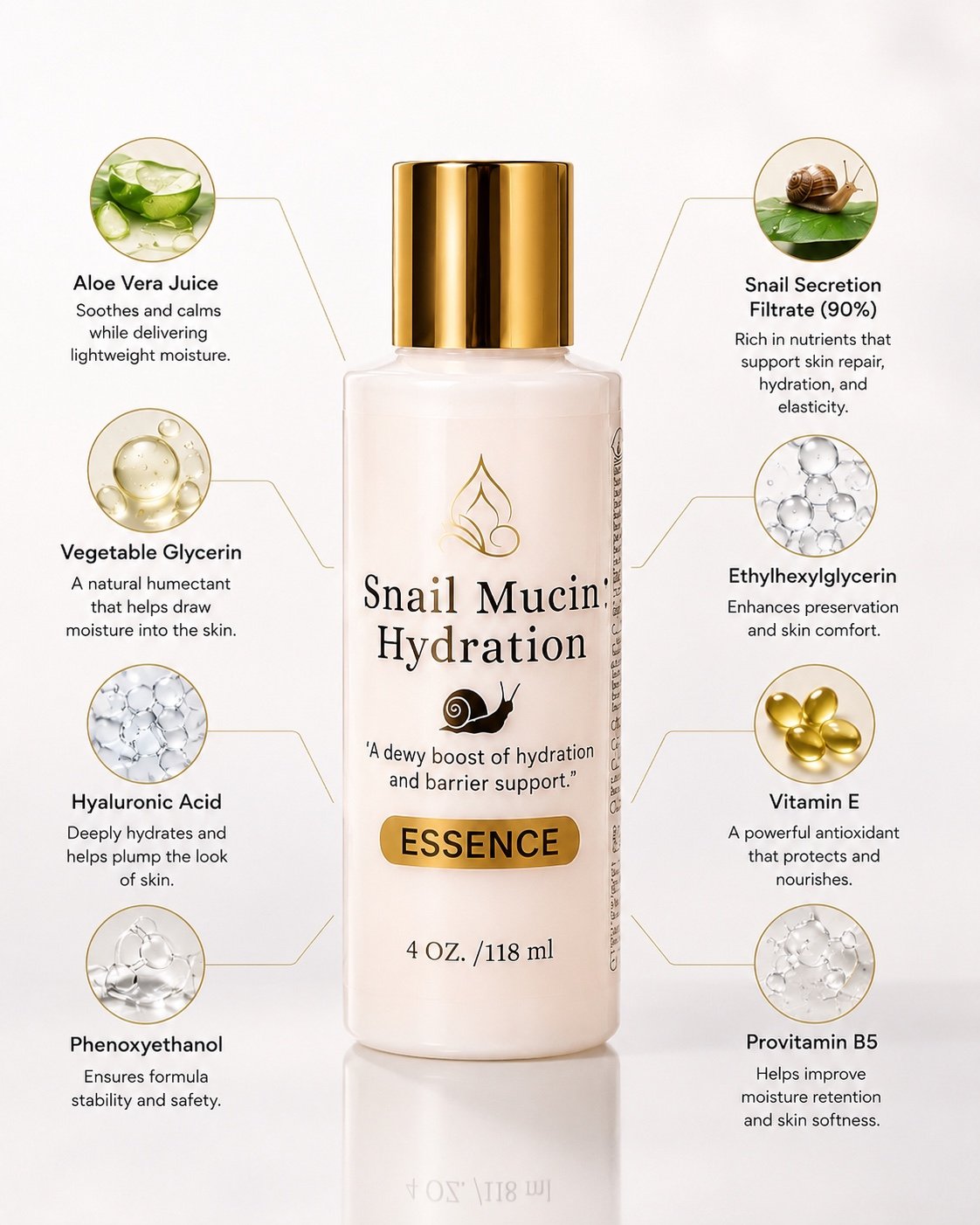 Innes Ageless Beauty Snail Mucin Hydration Essence with aloe vera, 90% snail secretion filtrate, hyaluronic acid, vitamin E and provitamin B5