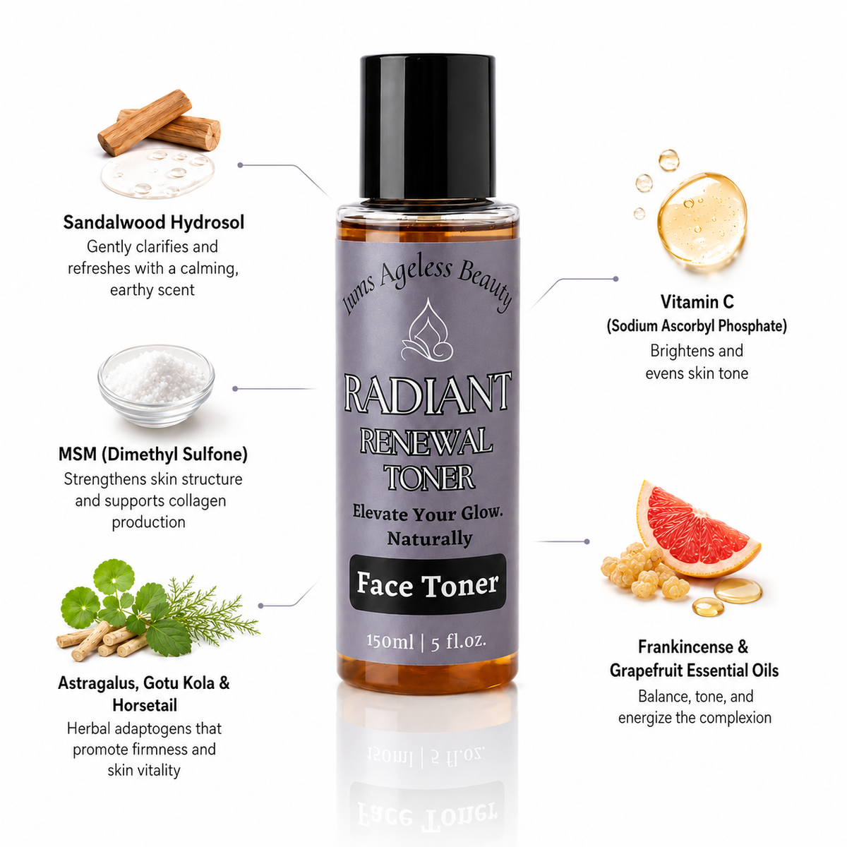 Innes Ageless Beauty Radiant Renewal Face Toner with sandalwood hydrosol, vitamin C, MSM, astragalus, gotu kola, horsetail, frankincense and grapefruit oils
