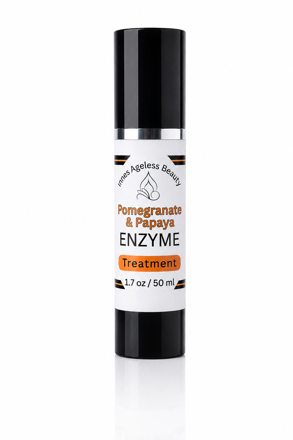 Innes Ageless Beauty Pomegranate and Papaya Enzyme Treatment in a 1.7 oz black airless pump bottle on a white reflective background