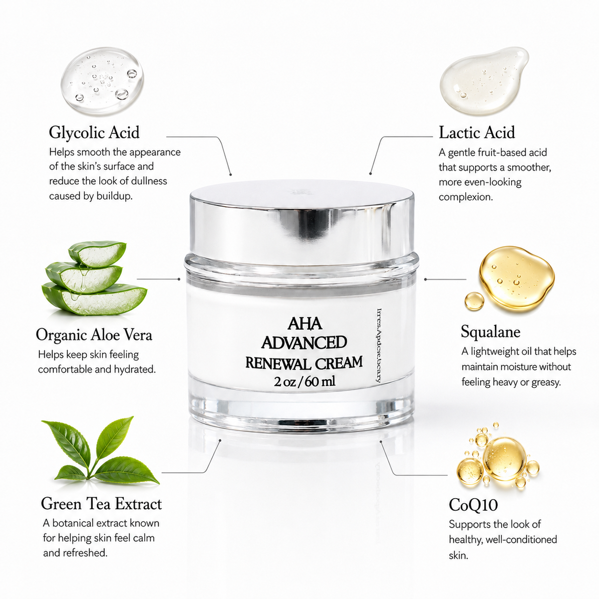 Innes Ageless Beauty AHA Advanced Renewal Cream with glycolic acid, lactic acid, organic aloe vera, squalane, green tea extract and CoQ10