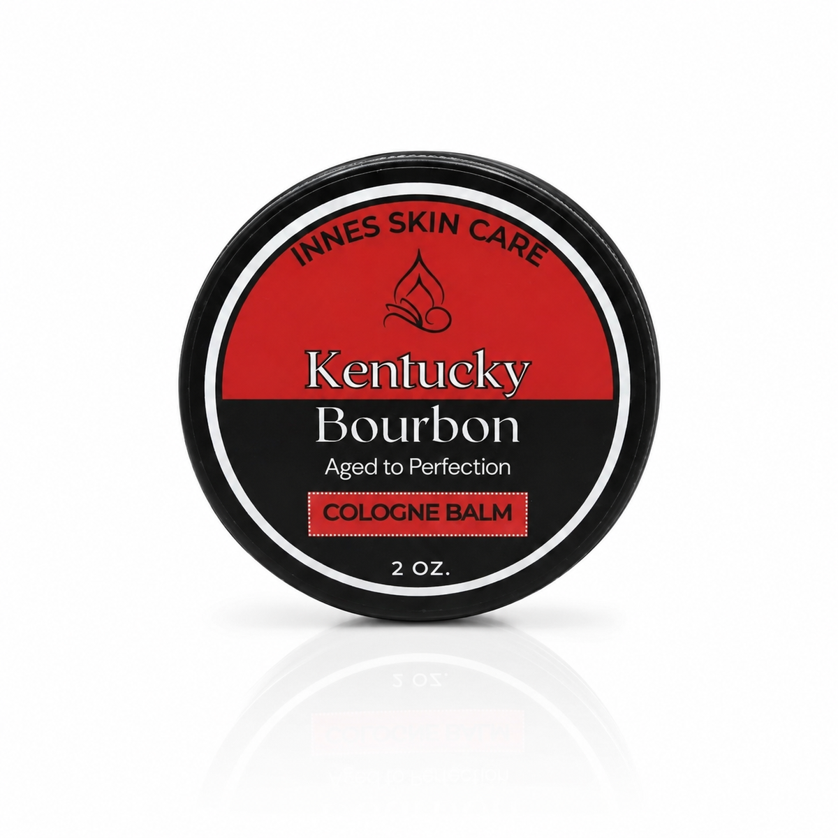 Innes Skincare for Men Kentucky Bourbon Cologne Balm 2 oz black jar with red label on a white background