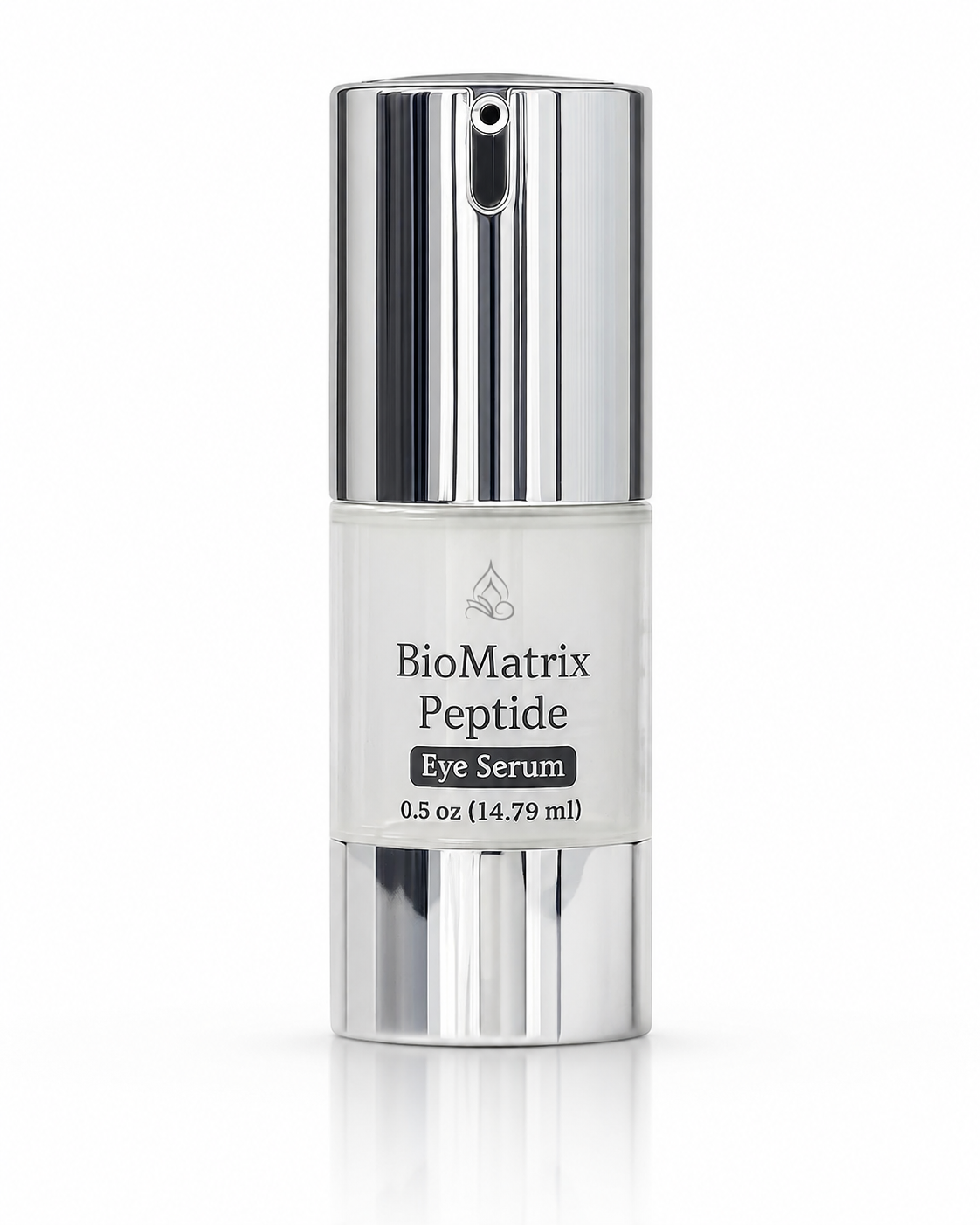 Innes Ageless Beauty BioMatrix Peptide Eye Serum in a 0.5 oz silver airless pump bottle on a white reflective background