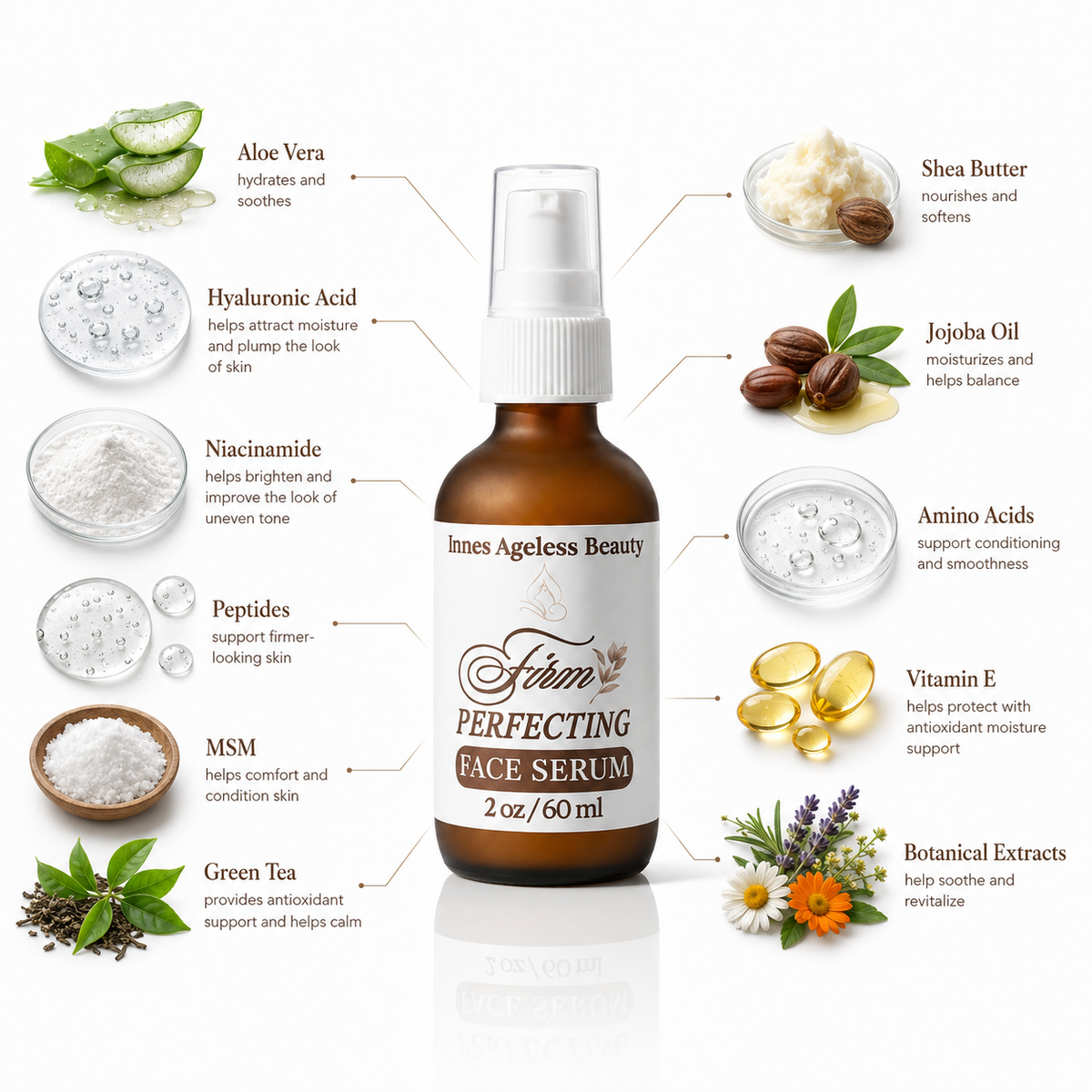 Innes Ageless Beauty Firm Perfecting Face Serum with aloe vera, hyaluronic acid, niacinamide, peptides, MSM, green tea and botanical extracts
