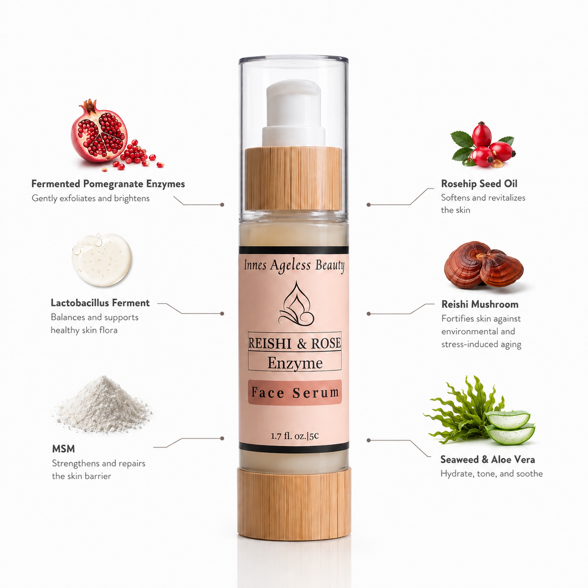 Innes Ageless Beauty Reishi and Rose Enzyme Face Serum with fermented pomegranate enzymes, rosehip seed oil, lactobacillus ferment, reishi mushroom, MSM, seaweed and aloe vera