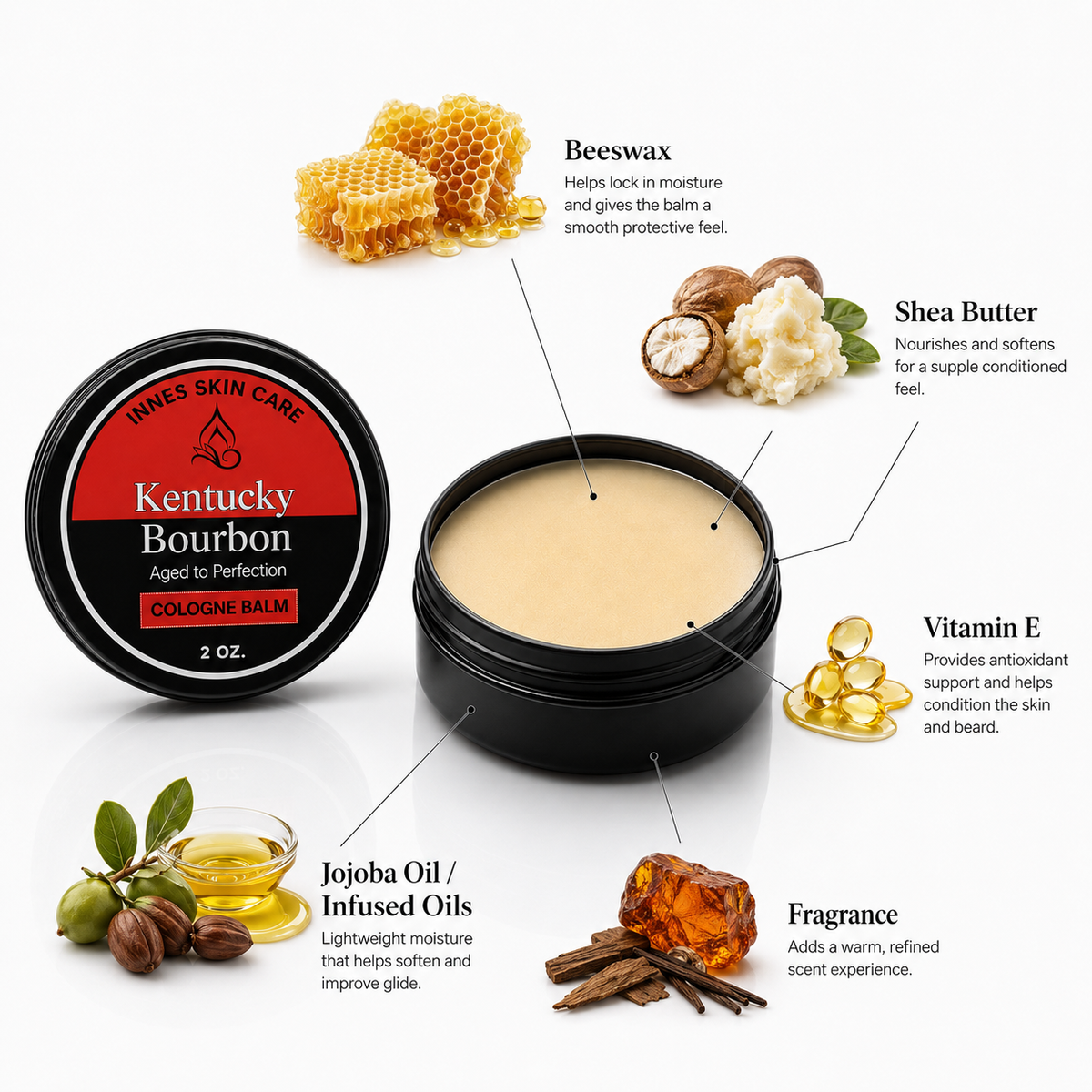 Innes Skincare for Men Kentucky Bourbon Cologne Balm with beeswax, shea butter, vitamin E, jojoba oil and fragrance