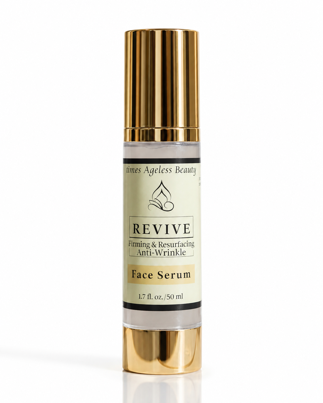 Innes Ageless Beauty Revive Firming and Resurfacing Anti-Wrinkle Face Serum in a 1.7 fl oz gold airless pump bottle on a white reflective background