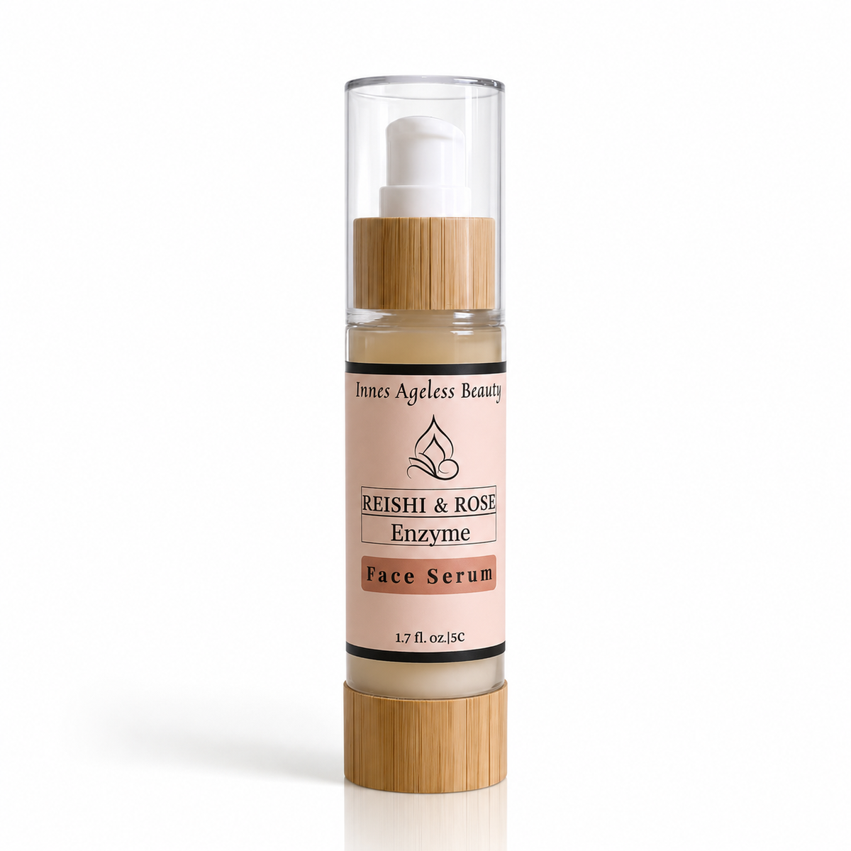 Innes Ageless Beauty Reishi and Rose Enzyme Face Serum in a 1.7 fl oz airless pump bottle with bamboo-style accents on a white background