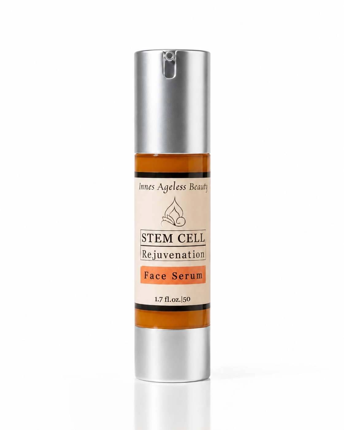 Innes Ageless Beauty Stem Cell Rejuvenation Face Serum in a 1.7 fl oz silver airless pump bottle with amber serum on a white reflective background
