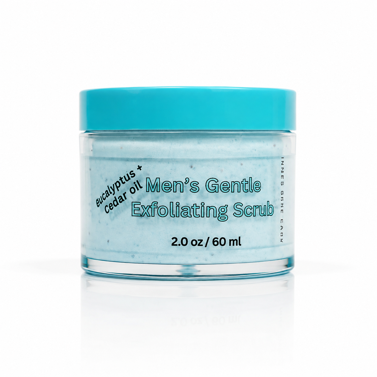 Innes Skincare for Men Gentle Exfoliating Scrub with eucalyptus and cedar oil in a 2 oz blue jar