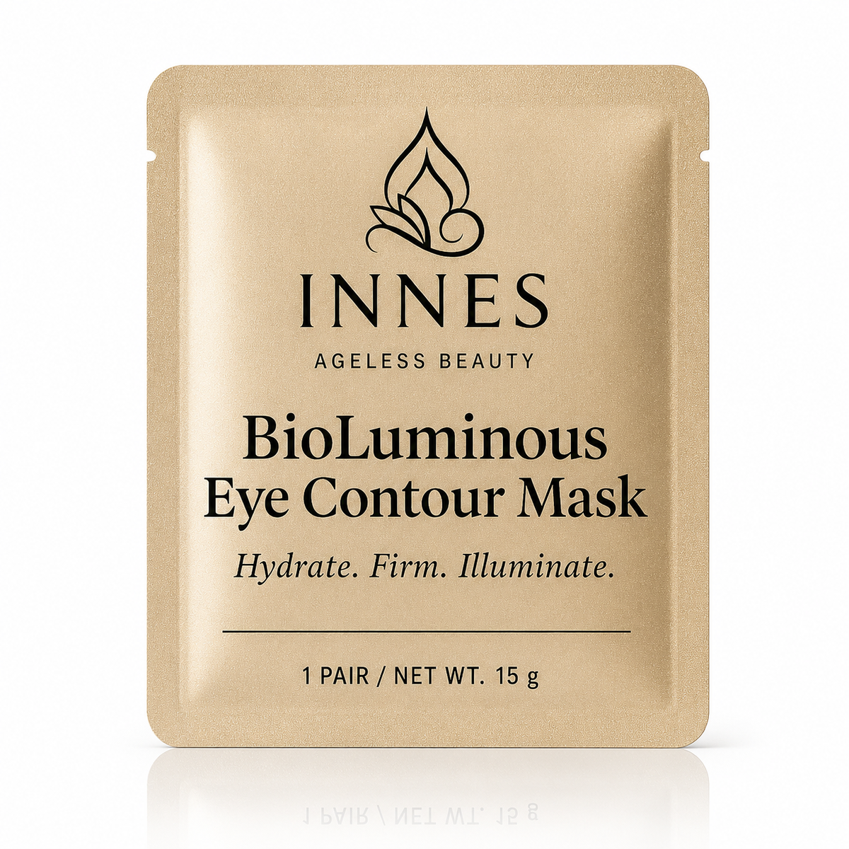 Innes Ageless Beauty BioLuminous Eye Contour Mask in gold single-pair skincare pouch