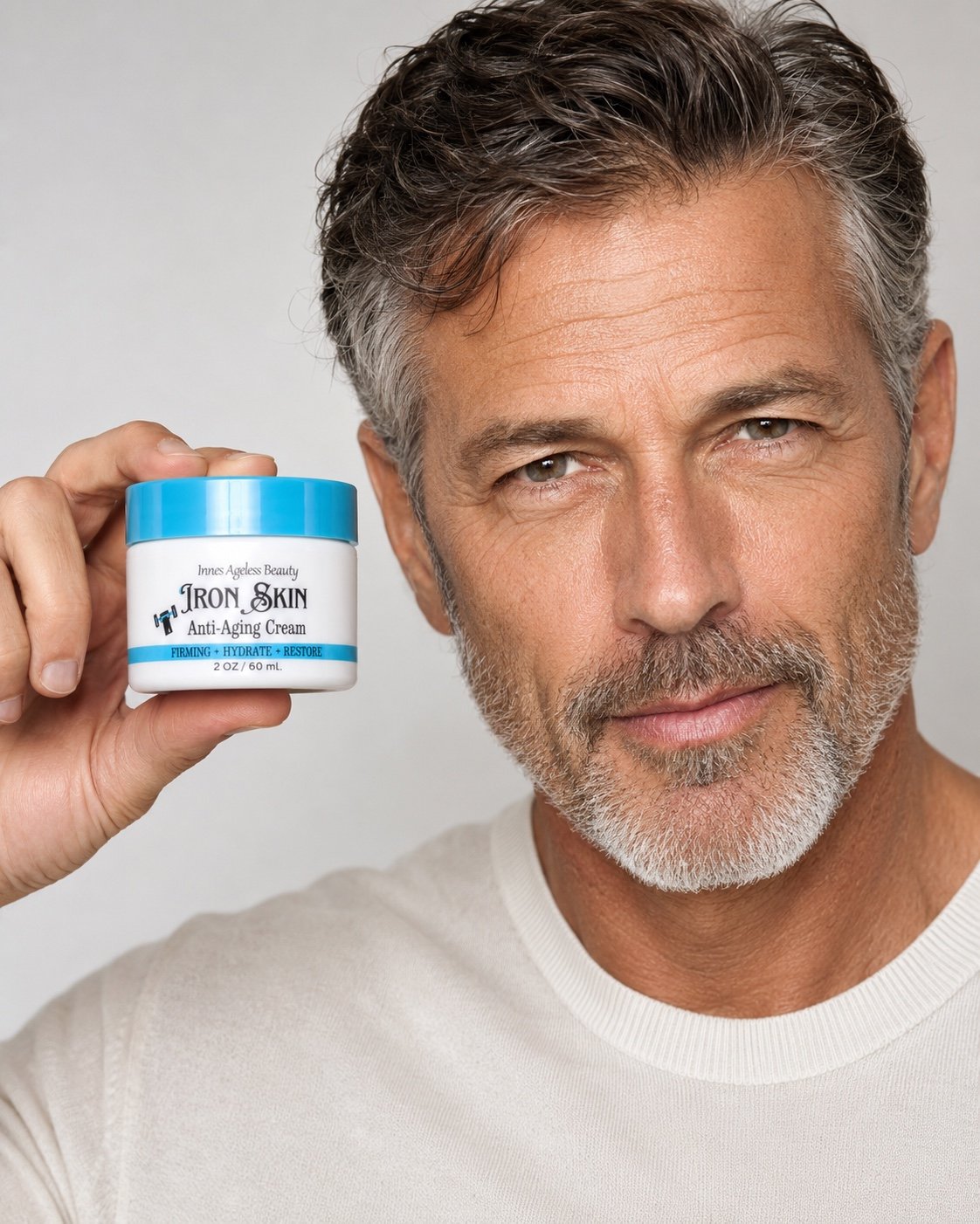Mature man holding Innes Ageless Beauty Iron Skin Anti-Aging Cream 2 oz jar