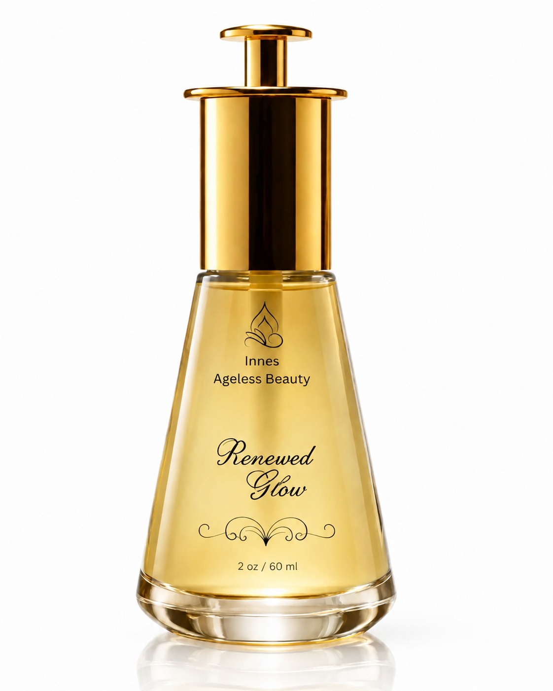 Innes Ageless Beauty Renewed Glow facial serum in a gold pump bottle on a white reflective background