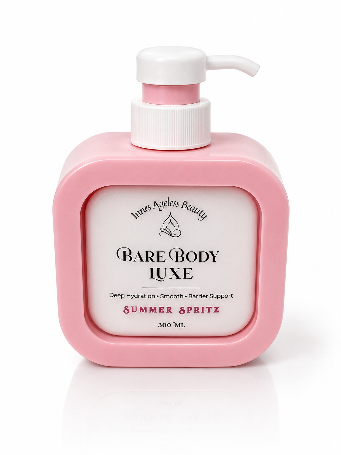 Innes Ageless Beauty Bare Body Luxe Summer Spritz in pink 300 mL pump bottle for deep hydration and smoother-looking skin