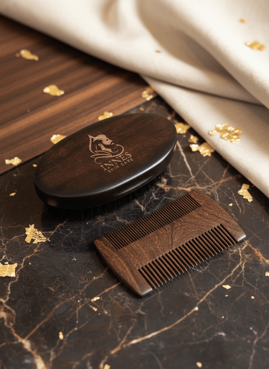 Beard Brush and Comb Set lifestyle grooming shot by Innes Ageless Beauty