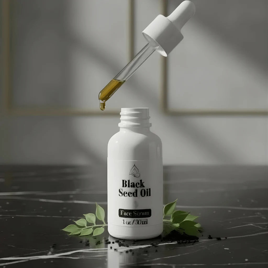 Innes Ageless Beauty Black Seed Oil Face Serum shown open with golden oil dropper above the 1 oz bottle