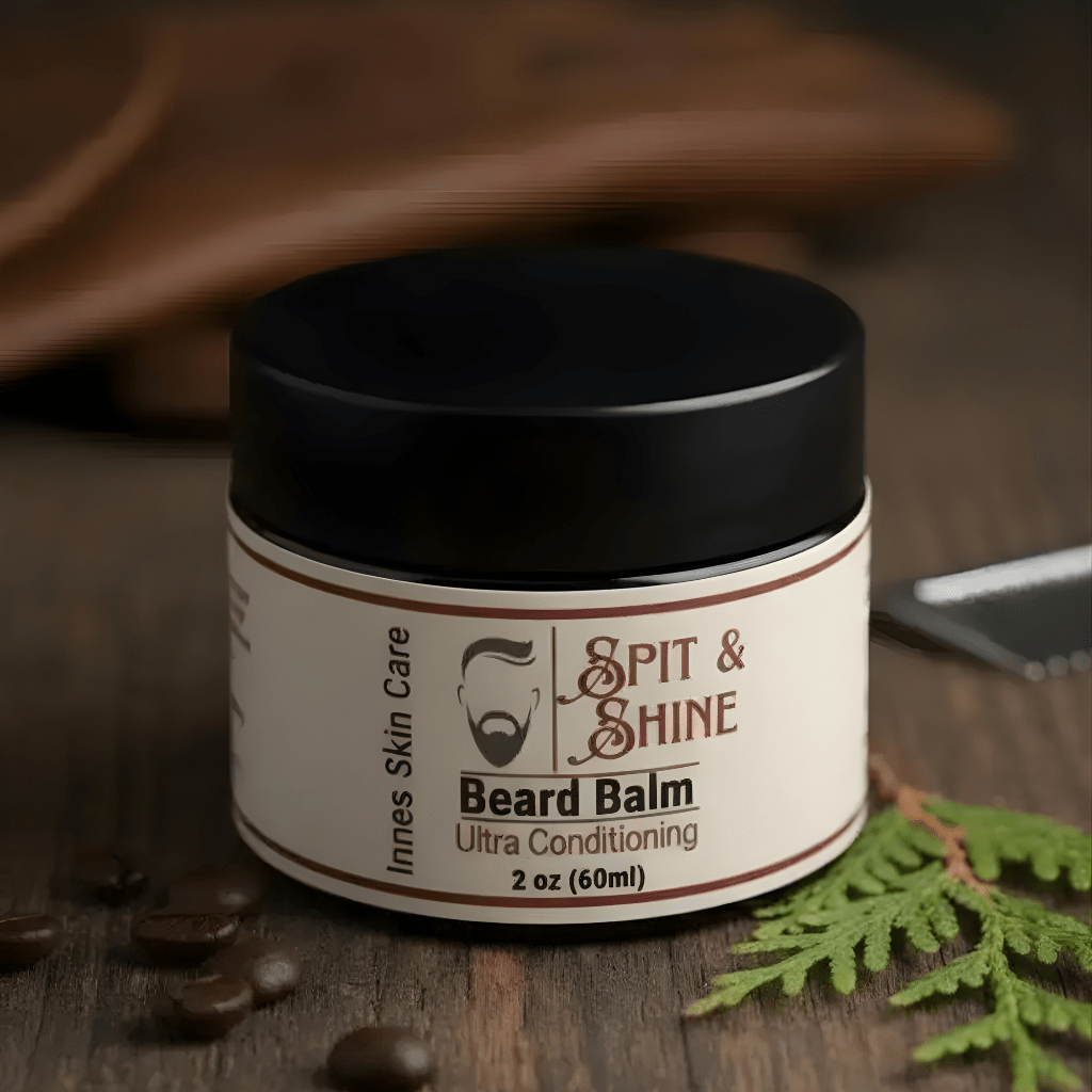Spit and Shine Ultra Conditioning Beard Balm 2 oz. jar by Innes Ageless Beauty.