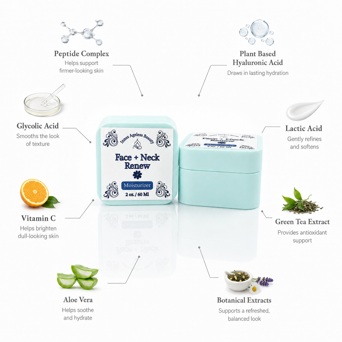 Innes Ageless Beauty Face and Neck Renew Moisturizer with peptide complex, plant-based hyaluronic acid, glycolic acid, lactic acid, vitamin C, green tea extract, aloe vera and botanical extracts