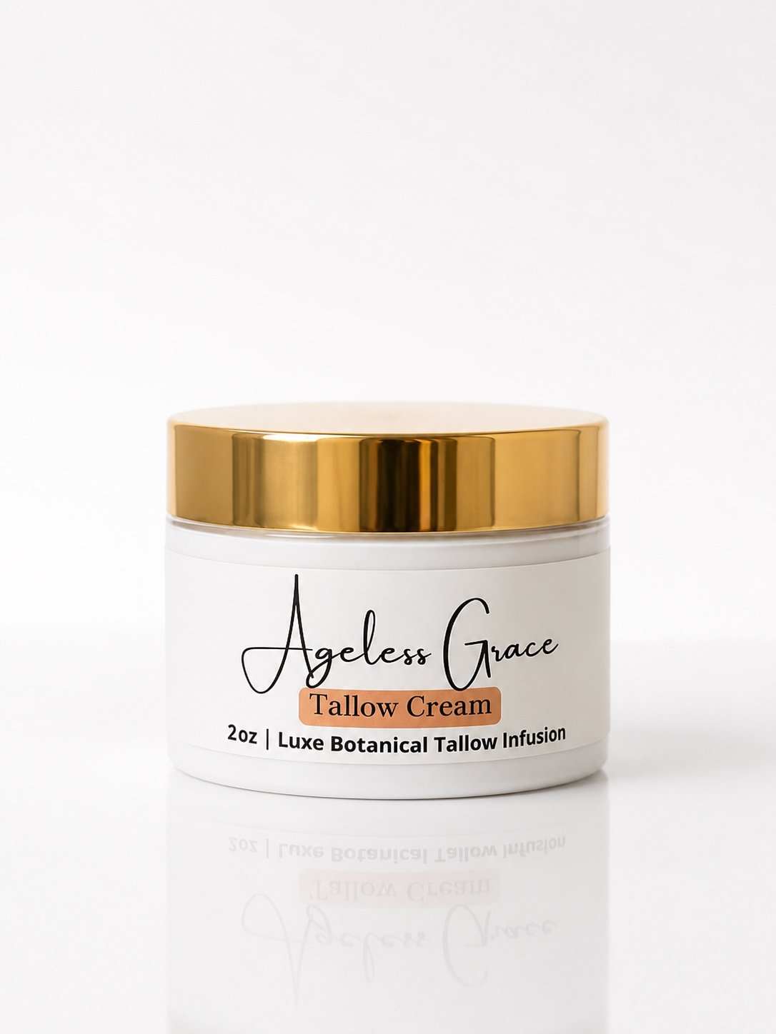 Ageless Grace Tallow Cream in a white jar with a reflective gold lid and black label lettering