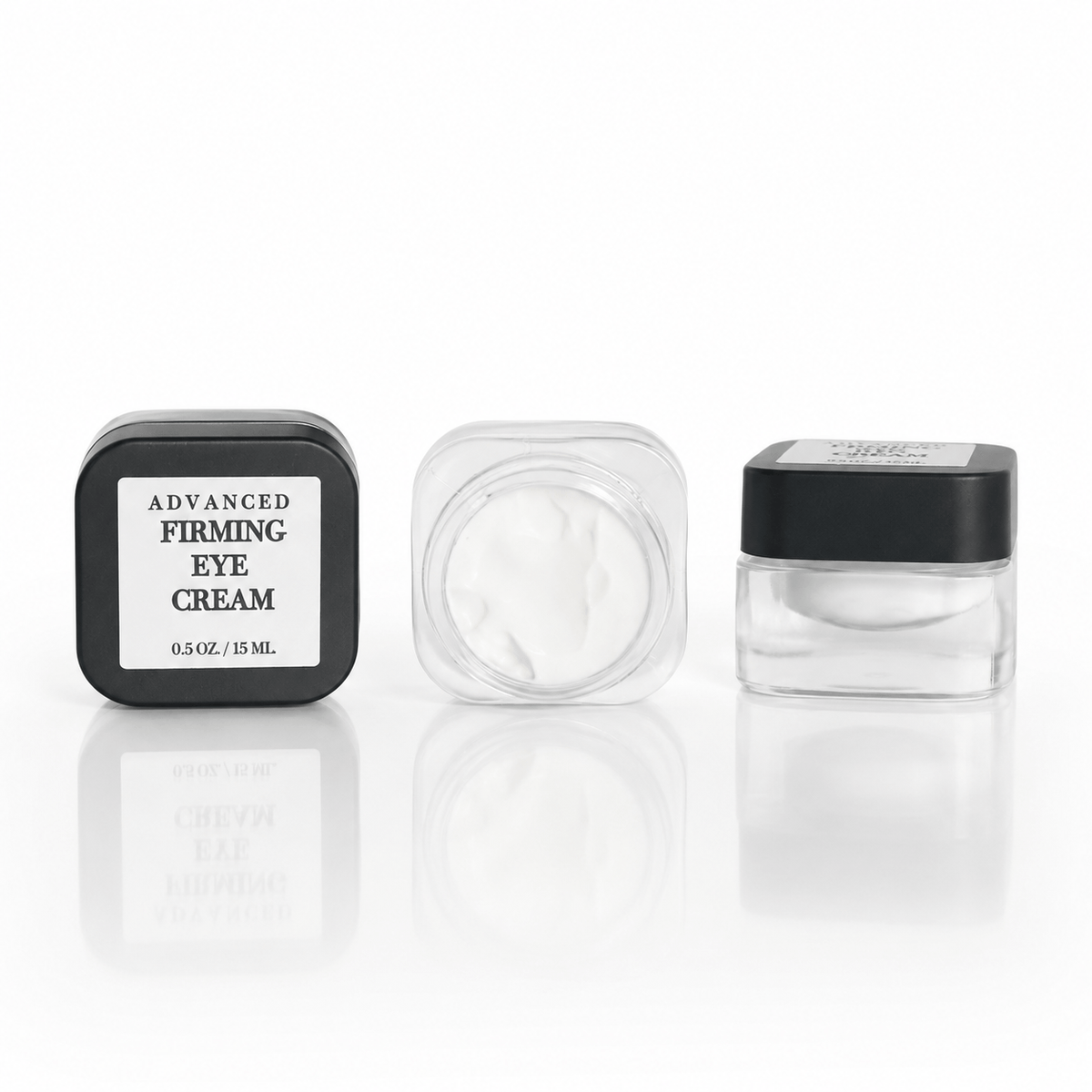 Innes Ageless Beauty Advanced Firming Eye Cream 0.5 oz shown closed, open and from the side on a white background
