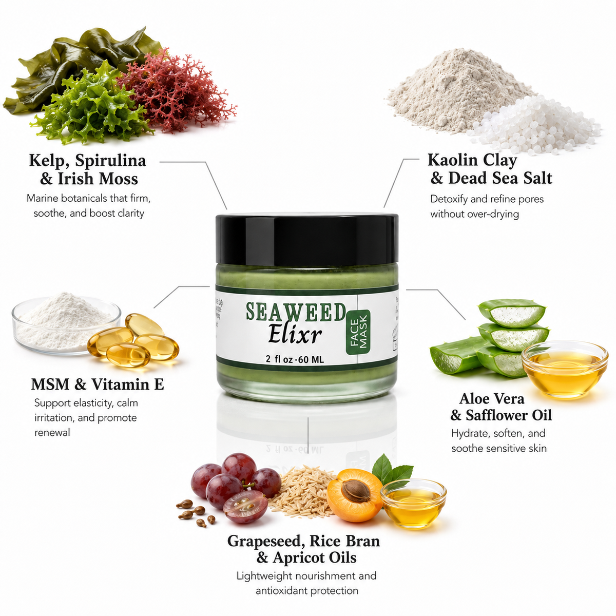 Innes Ageless Beauty Seaweed Elixir Face Mask with kelp, spirulina, Irish moss, kaolin clay, Dead Sea salt, MSM, vitamin E, aloe vera, safflower oil, grapeseed oil, rice bran oil and apricot oil