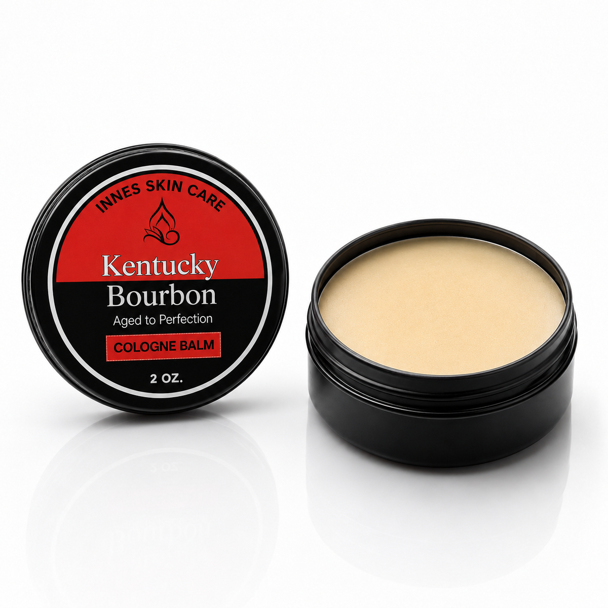 Innes Skincare for Men Kentucky Bourbon Cologne Balm 2 oz jar shown open with solid balm texture and labeled lid