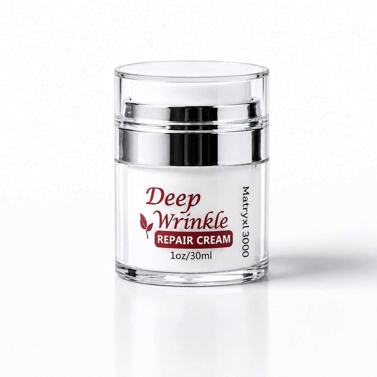 Deep Wrinkle Repair Cream in a clear cylindrical jar with a reflective silver pump and white label featuring burgundy text.