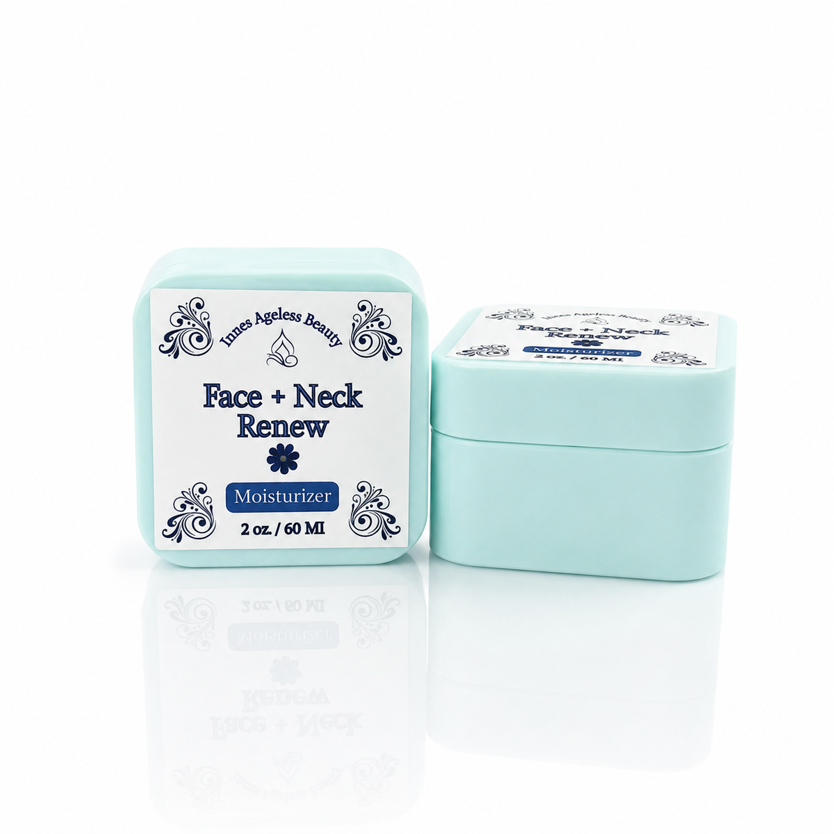 Two views of Innes Ageless Beauty Face and Neck Renew Moisturizer in a 2 oz mint green jar on a white background