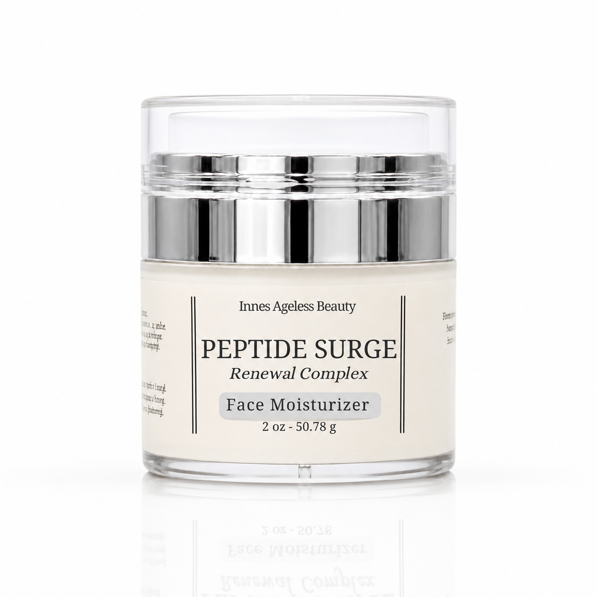 Innes Ageless Beauty Peptide Surge Renewal Complex Face Moisturizer in a 2 oz airless jar with a silver lid on a white reflective background