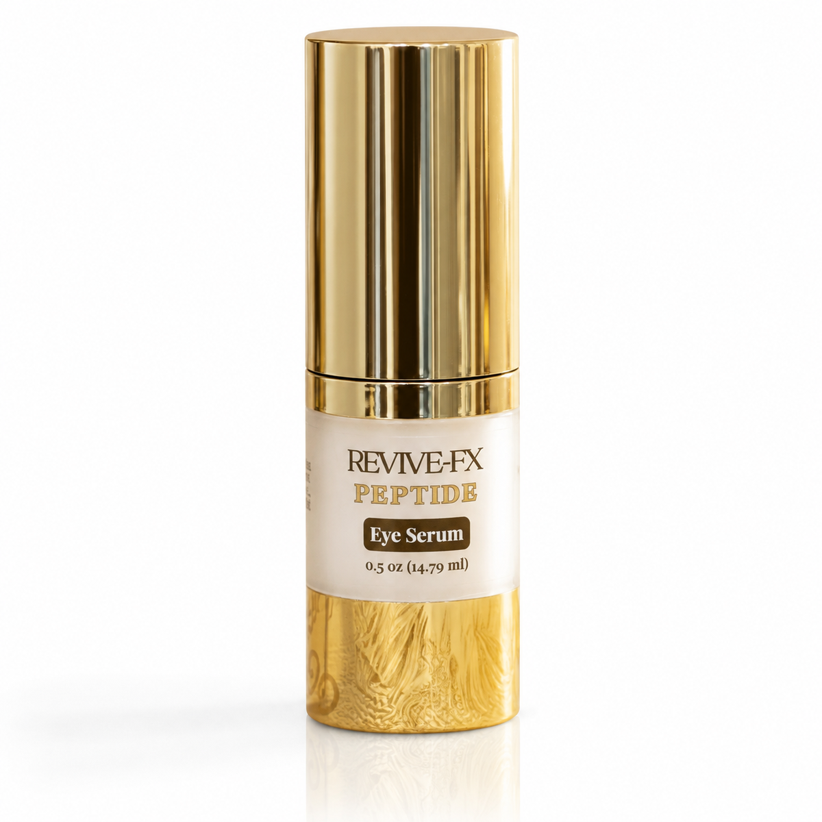 Innes Ageless Beauty Revive-FX Peptide Eye Serum in a 0.5 oz gold airless pump bottle on a white background