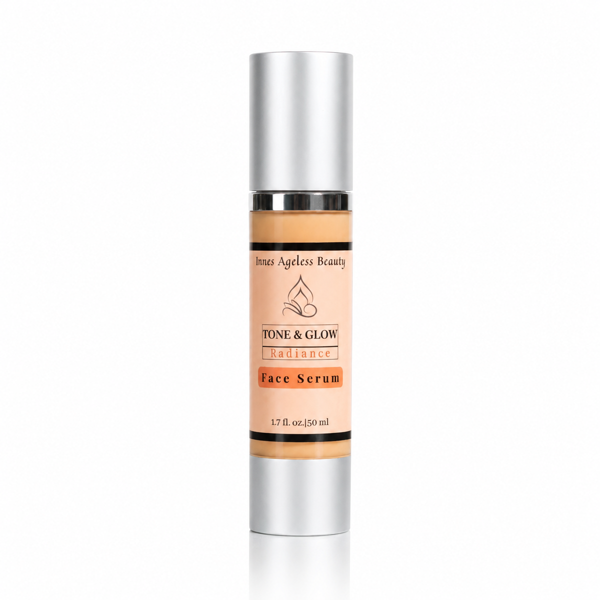 Innes Ageless Beauty Tone and Glow Radiance Face Serum in a 1.7 fl oz silver airless pump bottle on a white reflective background