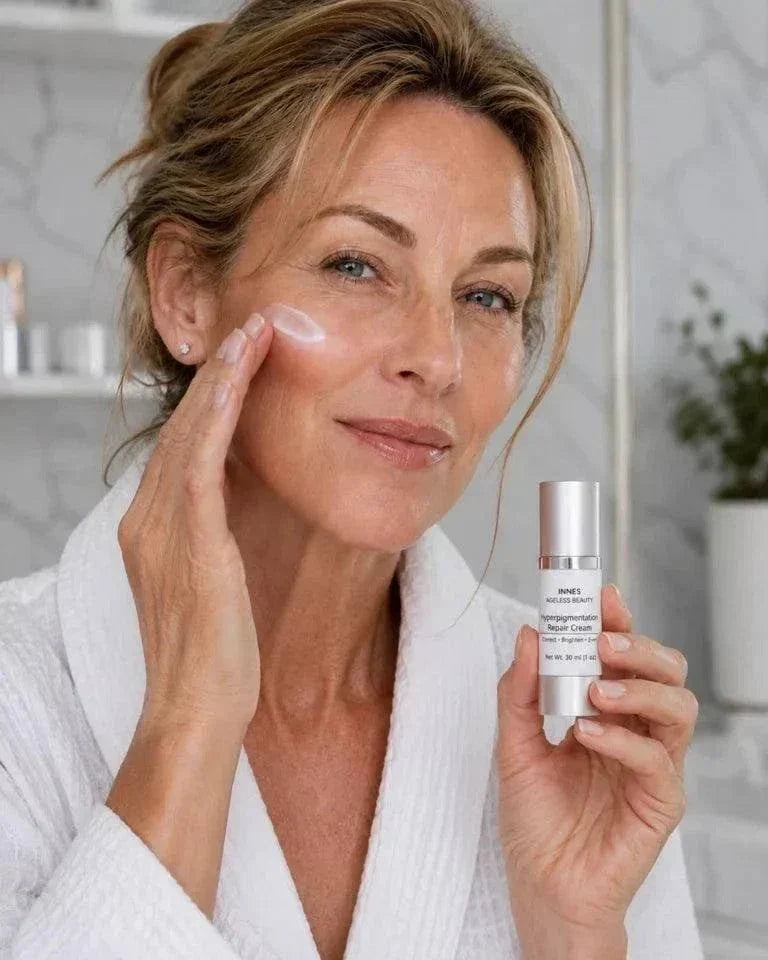 Hyperpigmentation Repair Cream in a silver pump bottle, shown with a woman applying white cream to her cheek