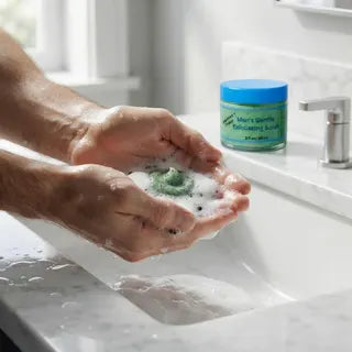 Hands lathering the green facial scrub with gentle foam near a bathroom sink.