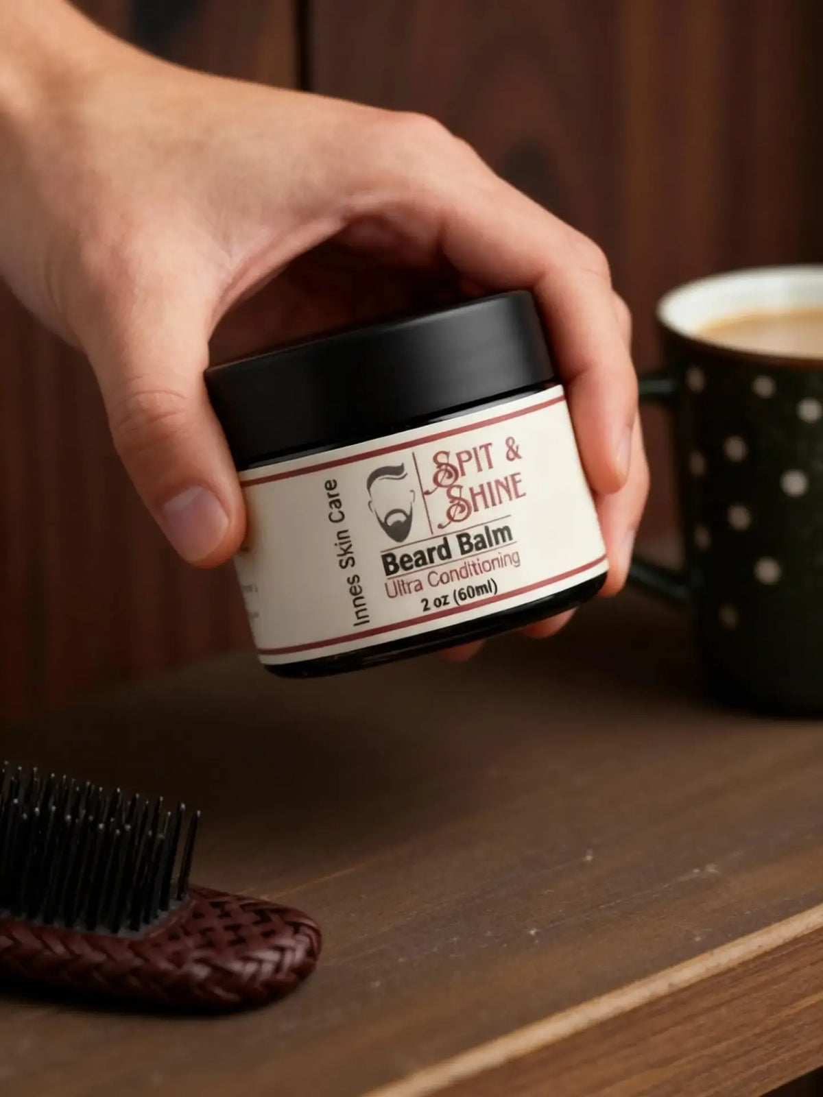 Spit and Shine Ultra Conditioning Beard Balm lifestyle grooming shot by Innes Ageless Beauty