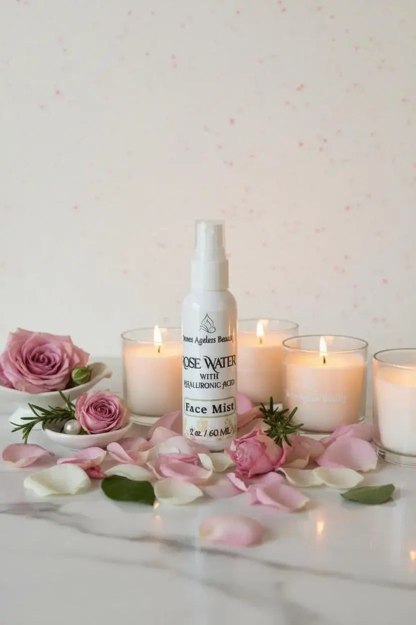 Rose Water with Hyaluronic Acid Face Mist lifestyle application by Innes Ageless Beauty.