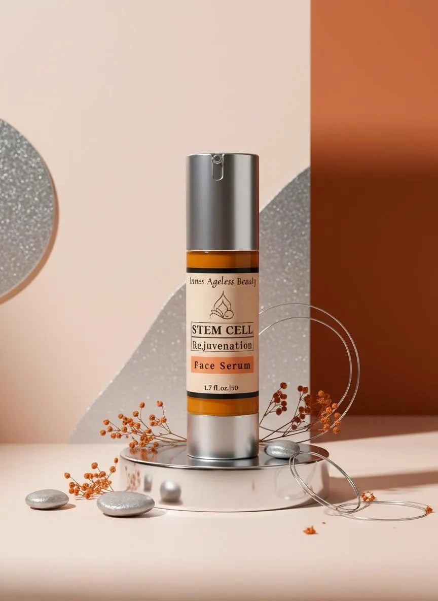 Innes Ageless Beauty Stem Cell Rejuvenation Face Serum displayed on a silver pedestal with warm orange botanicals and metallic accents