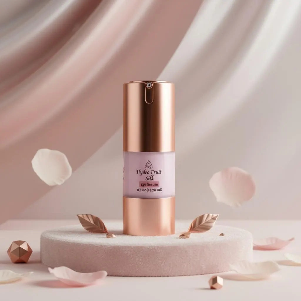 Innes Ageless Beauty Hydro Fruit Silk Eye Serum in a 0.5 oz rose gold airless pump bottle displayed on a soft pink pedestal with flower petals