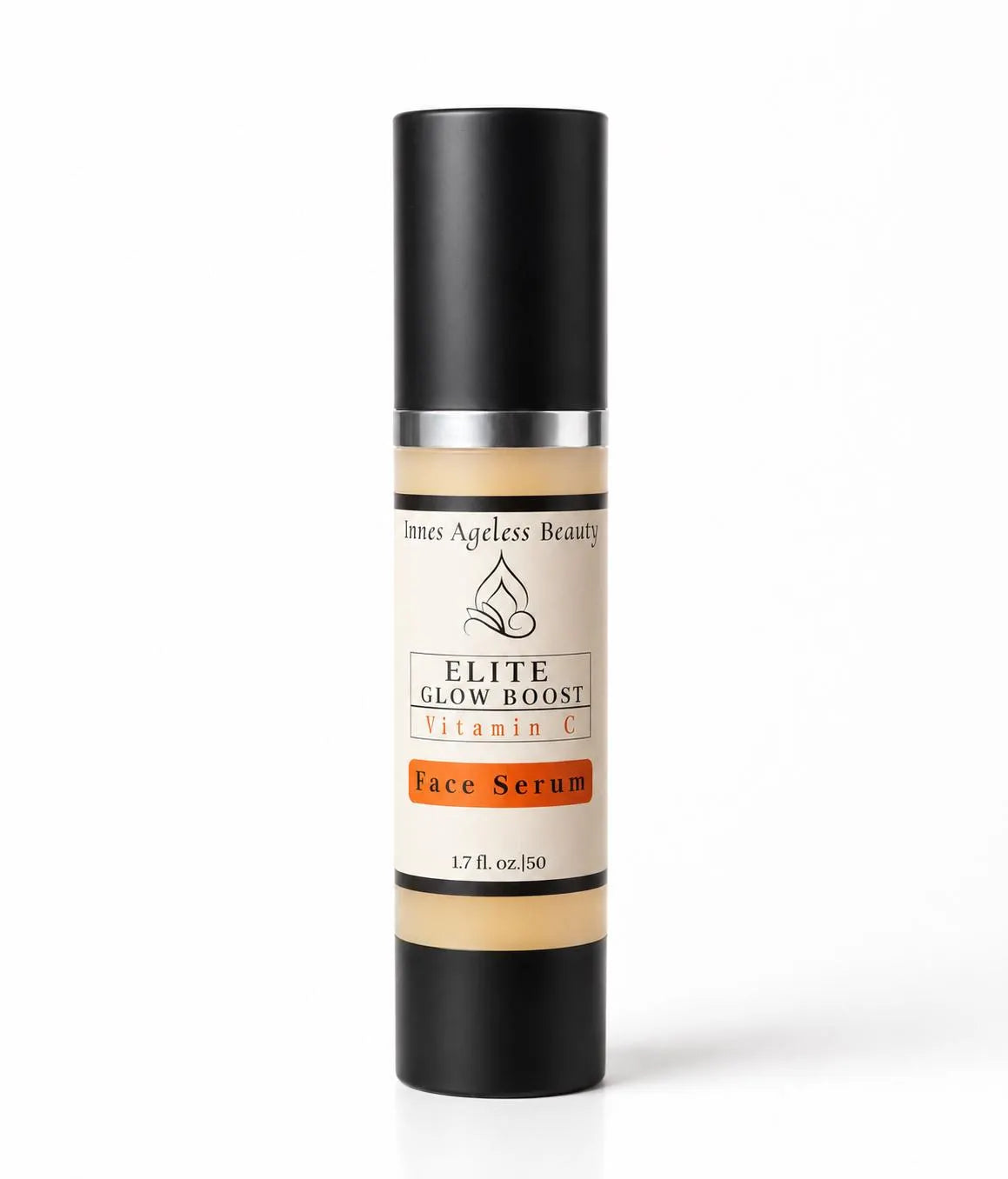 Innes Ageless Beauty Elite Glow Boost Vitamin C Face Serum in a 1.7 fl oz airless pump bottle with a black cap on a white background