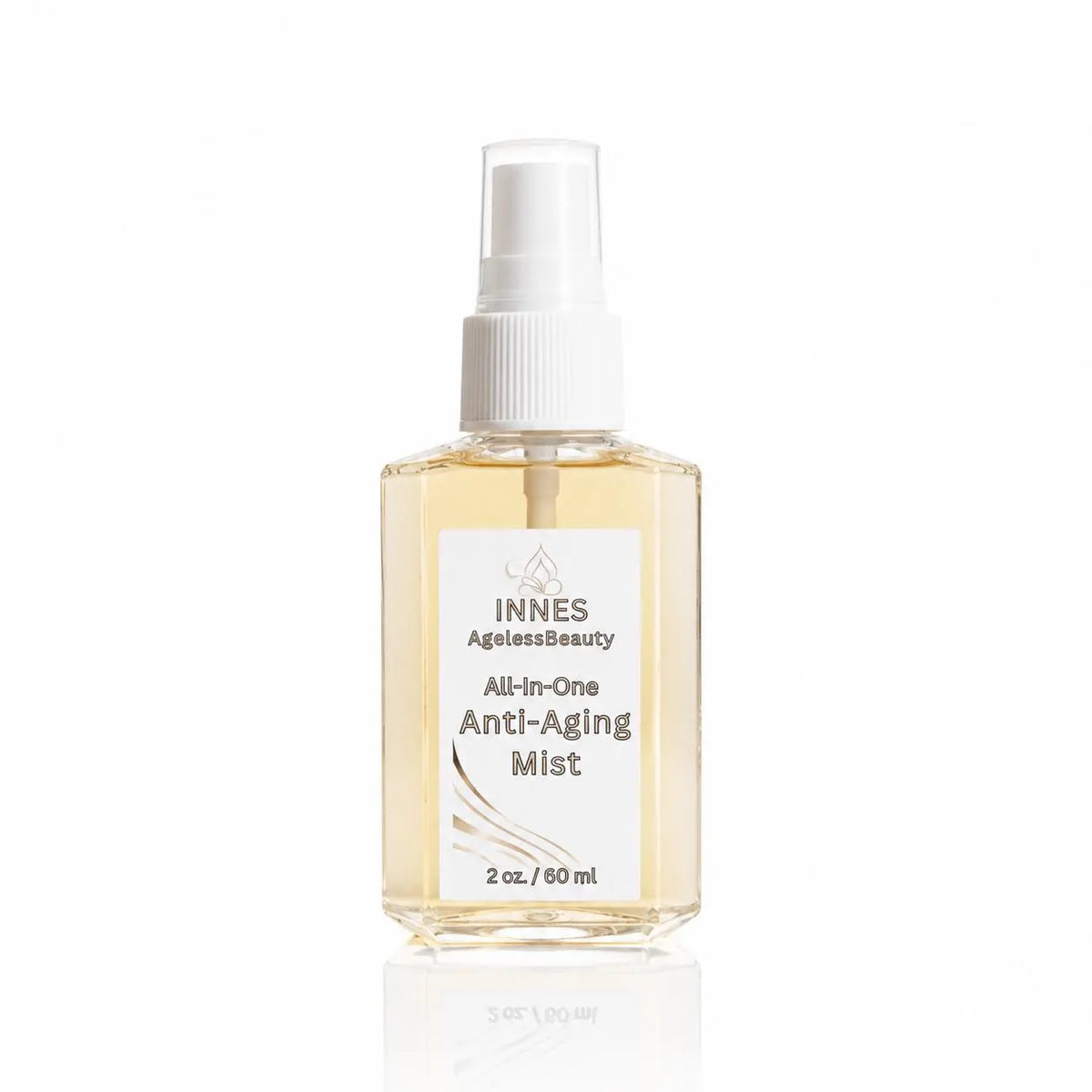 Innes Ageless Beauty All-in-One Anti-Aging Mist in a 2 oz clear spray bottle on a white background