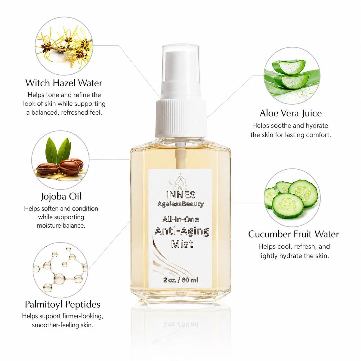 Innes Ageless Beauty All-in-One Anti-Aging Mist with witch hazel water, aloe vera juice, jojoba oil, cucumber fruit water and palmitoyl peptides