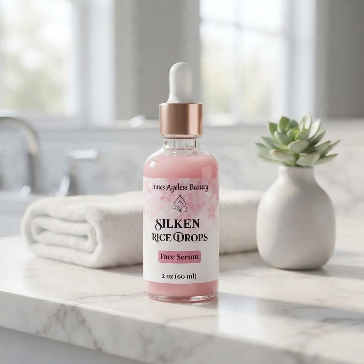 Silken Rice Drops Face Serum bottle on a marble vanity with a towel and plant.