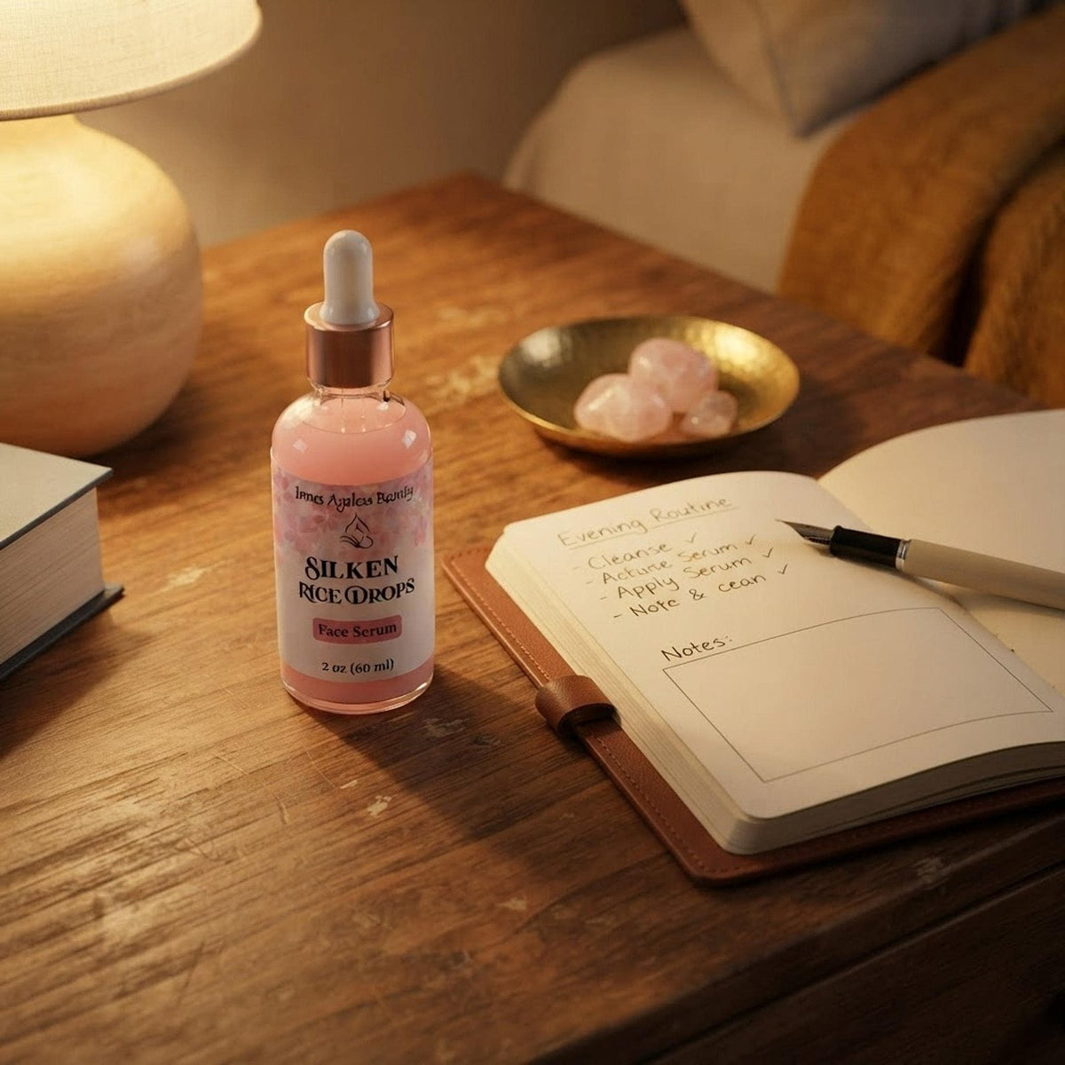 Silken Rice Drops Face Serum on a wooden nightstand with soft evening light.