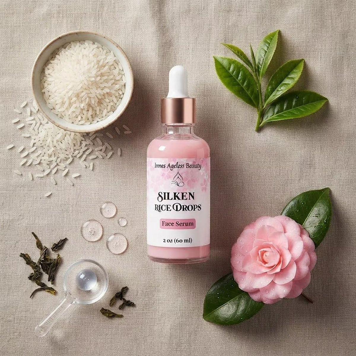 Silken Rice Drops facial serum in 2 oz glass dropper bottle, dewy nourishing skincare for mature and dry skin