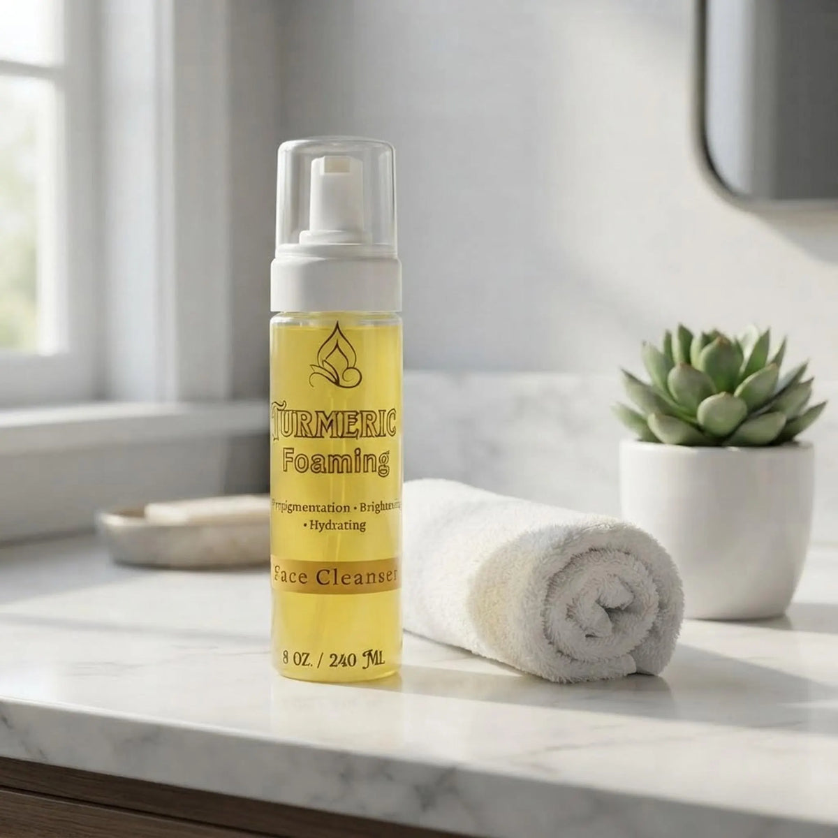 8 oz Turmeric Foaming Cleanser displayed on a marble bathroom vanity with a towel and plant.