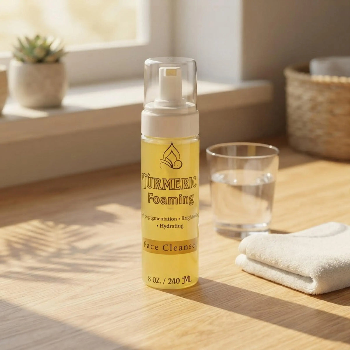 Turmeric foaming face cleanser bottle on a wooden countertop in morning light.
