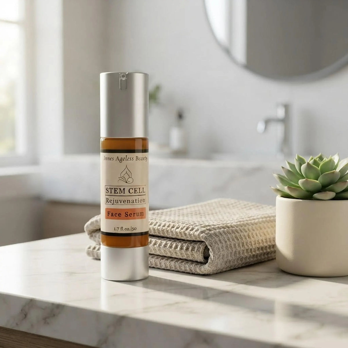 Stem Cell Rejuvenation Face Serum bottle styled on a bright modern bathroom vanity next to a hand towel and small plant.