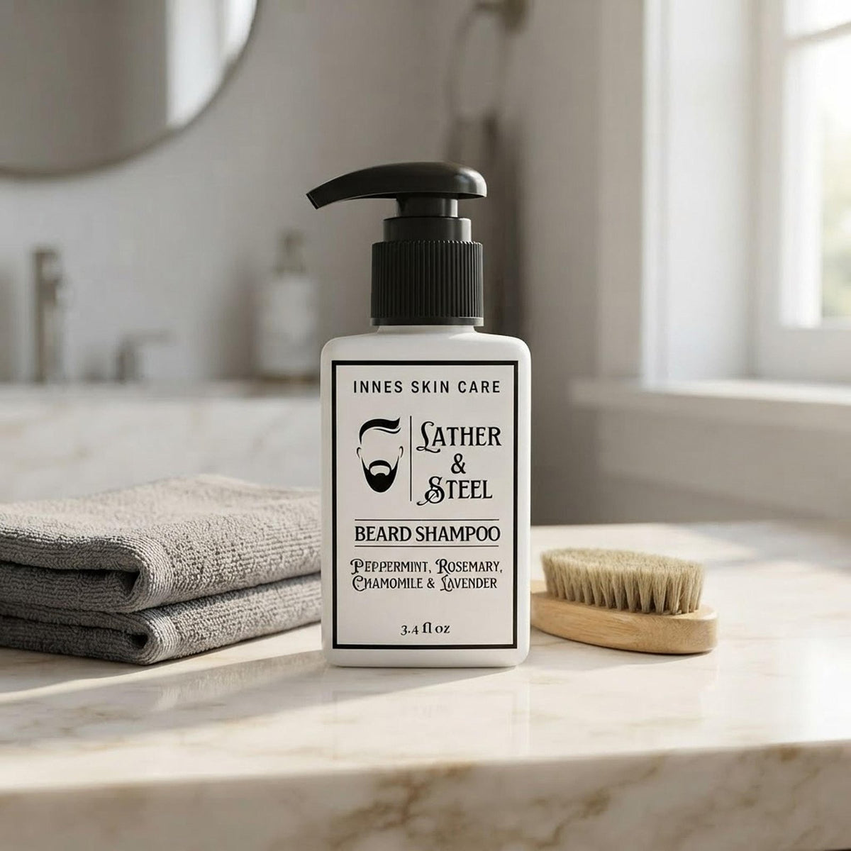 Innes Skin Care Lather & Steel Beard Shampoo bottle on a white marble vanity next to a folded towel and grooming brush.