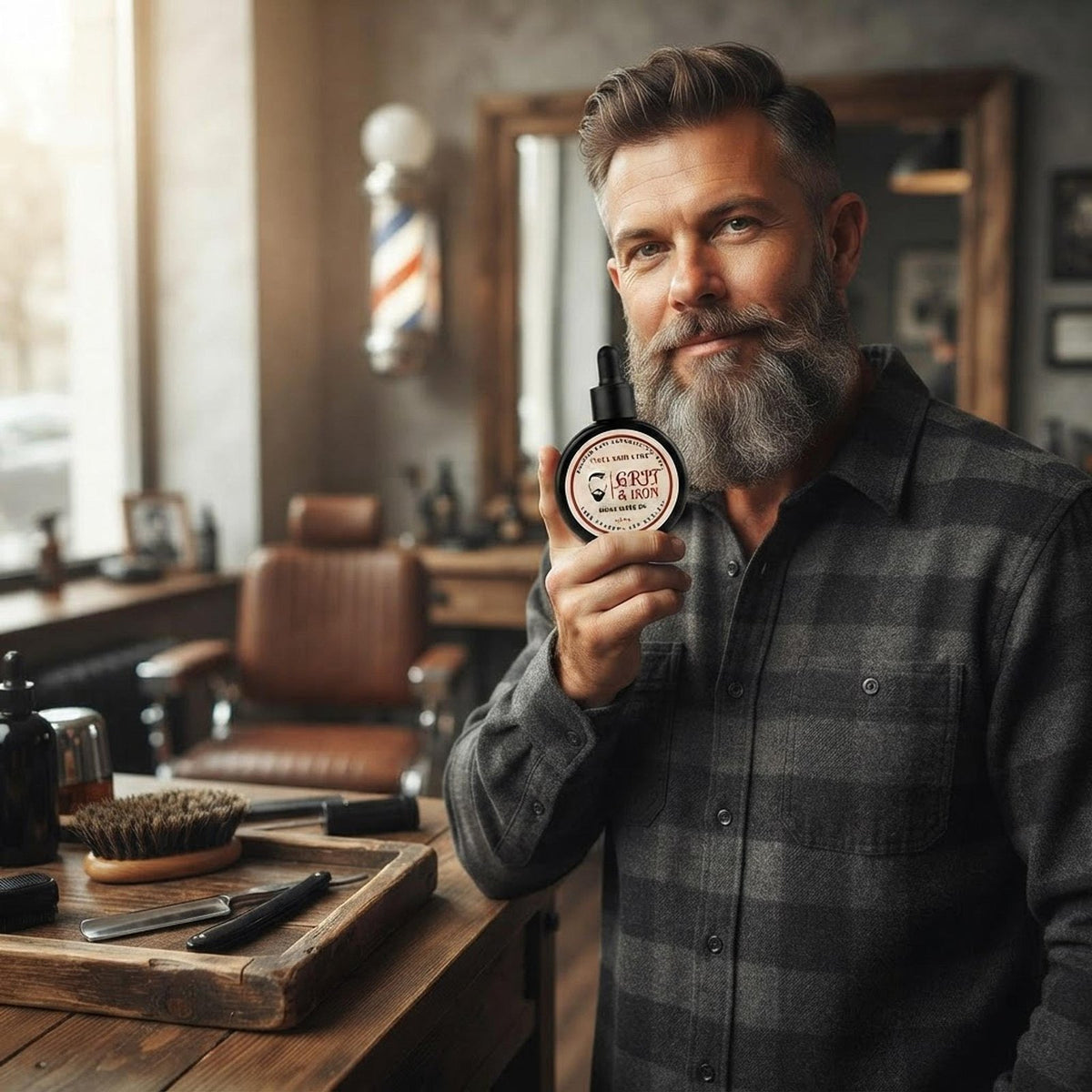 A man holding the Grit and Iron Argan Beard Oil bottle near his beard for scale and daily grooming context.